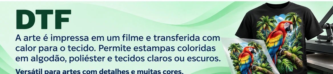 DTF: camisa e filme com estampa de arara e árvores tropicais